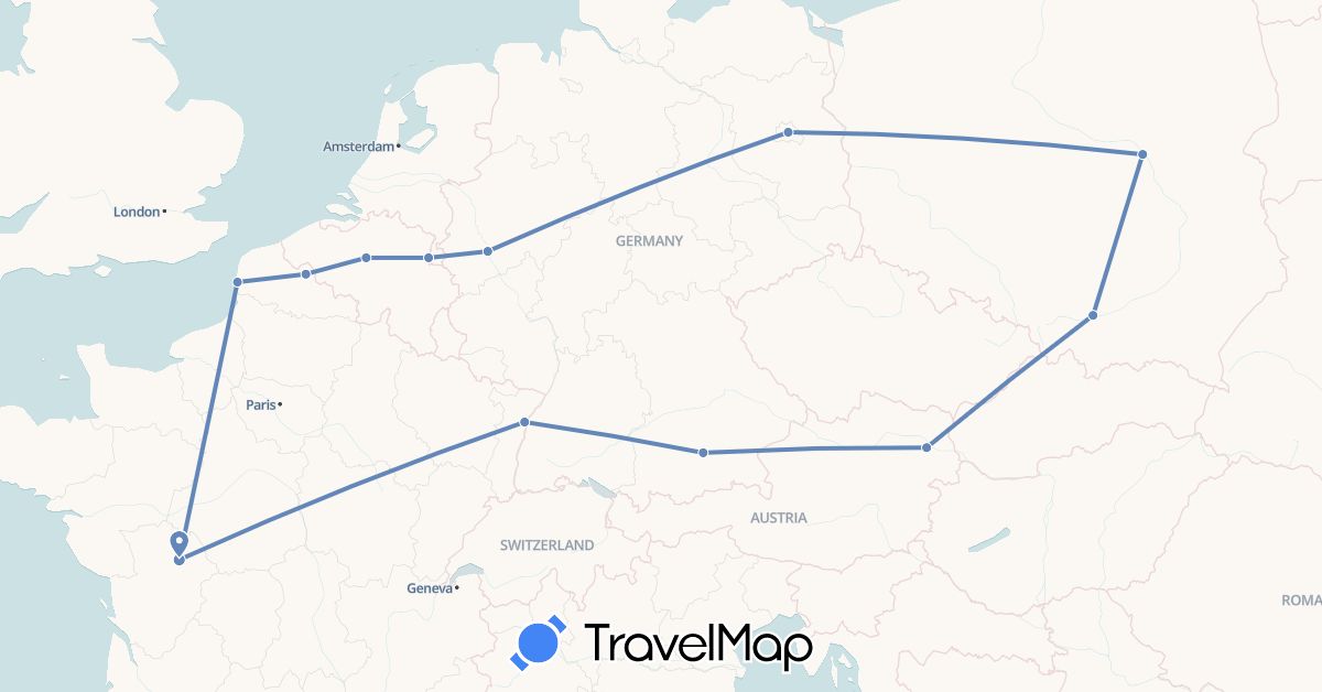 TravelMap itinerary: driving, cycling in Austria, Belgium, Germany, France, Netherlands, Poland (Europe)